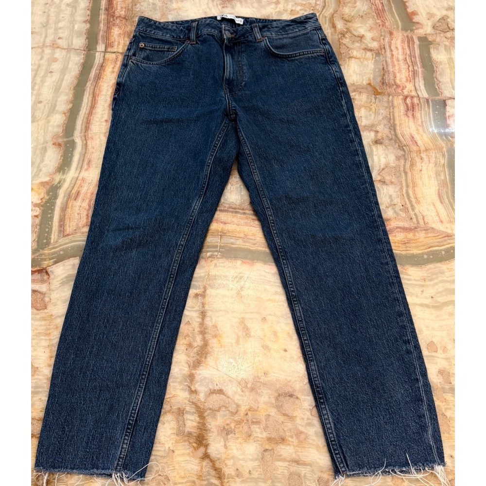 Zara Womens Straight Leg Jeans Womens Indigo Blue Denim Frayed‎ Hem Classic 32